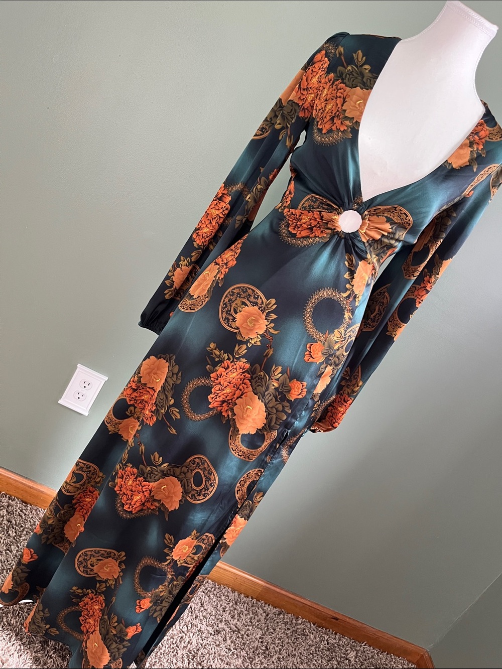 12th Tribe Teal Maxi Dress with Orange Floral Print - Picture 2 of 6